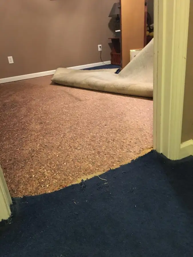 Carpet pad removal revealing water damage during Drying & Dehumidification in River Park